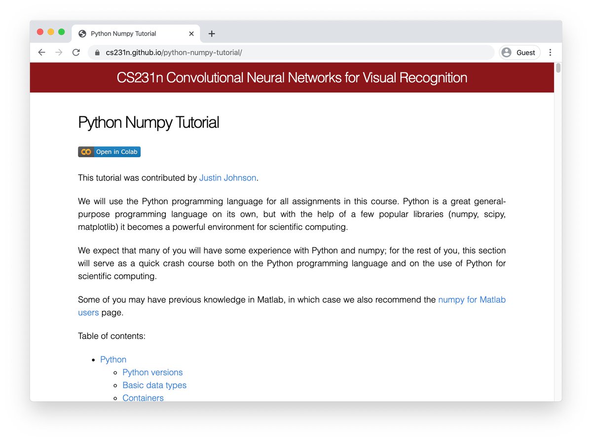 You can now run our official Python/Numpy tutorial in <a href="/GoogleColab/">Colaboratory</a>! Click the badge at the top of the page to get introduced to Google's flavor of Jupyter notebooks 📒