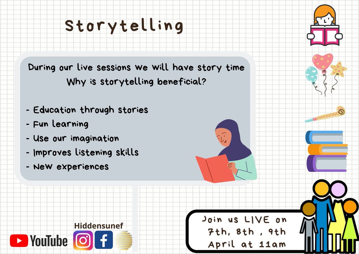 HiddenSunFndUK's tweet photo. Why join the live sessions? 

*Story telling*

Check out the benefits of story time. 
_Why is it so important to listen to stories with your children?_

Tune in at 11am BST 

*7th, 8th, &amp; 9th April*

Celebrate the Imam (atfs) of our time! 

https://t.co/u0nHg9IAUI https://t.co/yOiPpJBf37