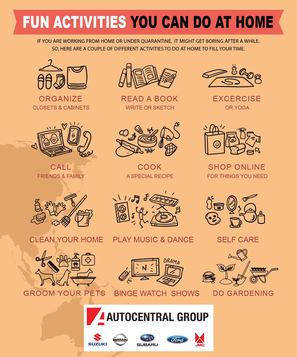 SubaruVernell's tweet photo. Here are Fun Activities you can consider doing at home.

#AutocentralGroup #subaru #FightCovid19 #Covid_19PH https://t.co/XzWxFL73h1
