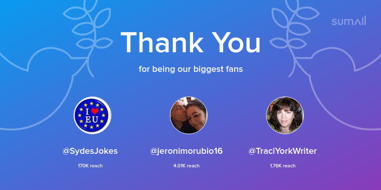 Our biggest fans this week: SydesJokes, jeronimorubio16, TraciYorkWriter. Thank you! via sumall.com/thankyou?utm_s…