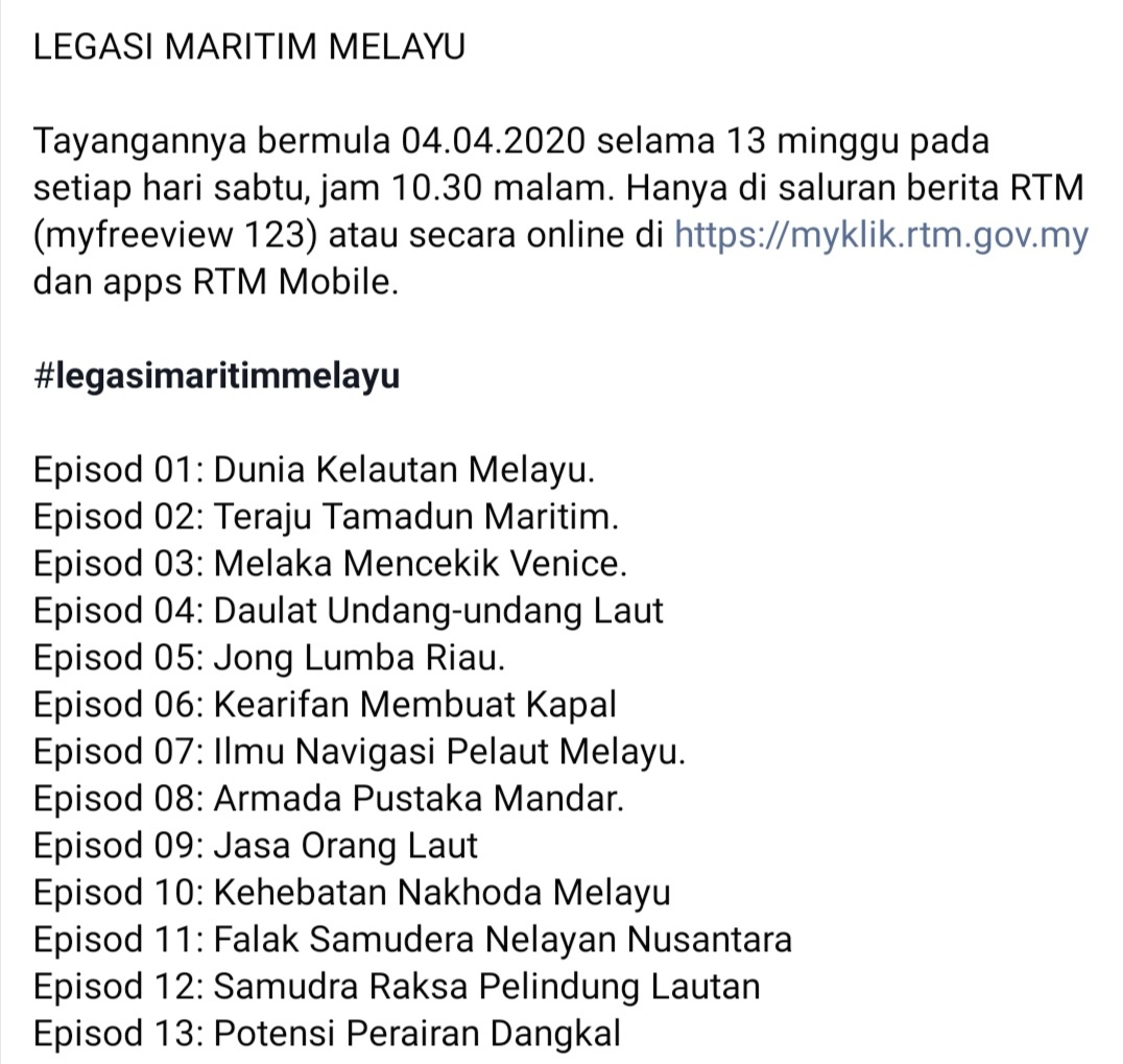 Btw, nak pesan, mlm ni dokumentari Legasi Maritim Melayu mula ditayangkan di TV1.Tayangan setiap Sabtu, 10.30pm selama 13 siri.Ilmu dlm dokumentari ni bkn calang2. Tengok tajuk pun dah tau best. Yang bosan tengok netflix, boleh buka TV1 mlm ni. Serius rugi gila klau xtgk
