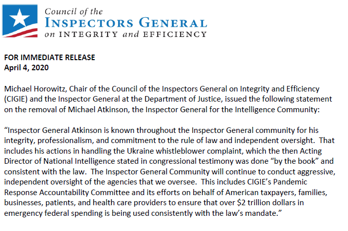 Michael Horowitz, Chair of the Council of the Inspectors General on Integrity and Efficiency (CIGIE) and the Inspector General at the Department of Justice, issued a statement on the removal of Michael Atkinson, the Inspector General for the Intelligence Community (ICIG). https://t.co/A0kIPHe2hV
