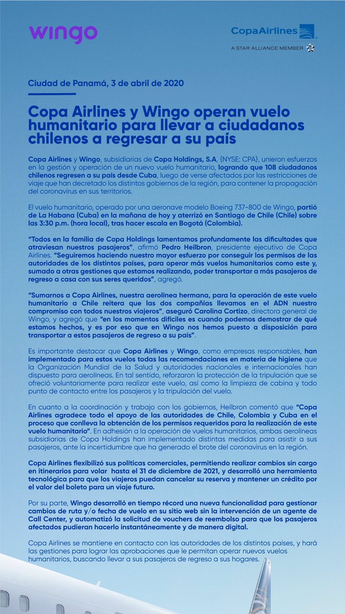 CopaAirlines's tweet photo. Gracias a la aprobación de los gobiernos de Chile, Colombia y Cuba, hoy unimos alas con nuestra aerolínea hermana @wingo en la operación de un vuelo humanitario, haciendo posible que 108 ciudadanos chilenos que se encontraban en Cuba regresaran a su país. ¡Juntos es posible! https://t.co/t9Oqm9SbUT