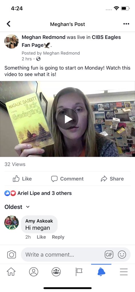 alaska22redmond's tweet photo. STARTING MONDAY: Join me in our Facebook group (CIBS Eagles Fan Page) every day at noon Alaska time to hear me read a few chapters Tuck Everlasting! It is my favorite children’s book. If you can’t join me live, I will post the video every day! #TheEagleWay #apoy19 @AASSP_AK https://t.co/aUY1m13k9K