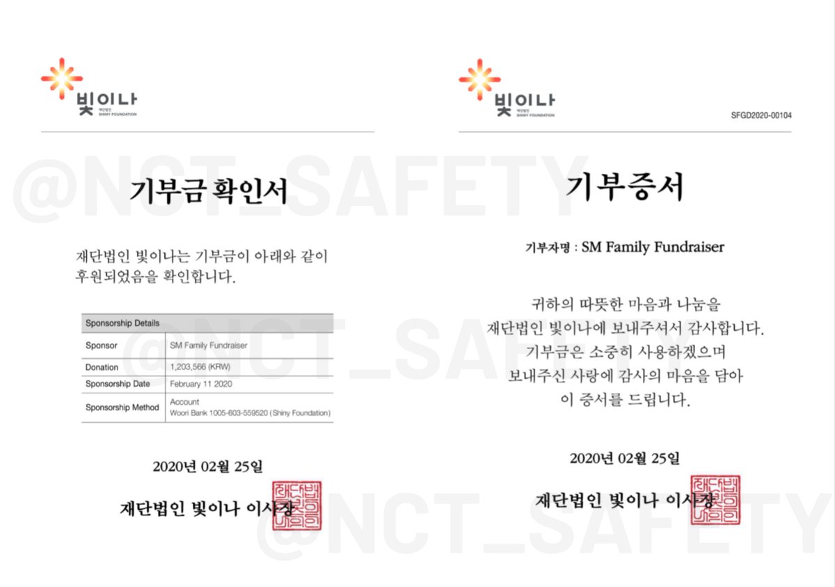 NCT_Safety's tweet photo. We're proud to share with you the donation certificate from Shiny Foundation (@shiny90408) for our SM Family Fundraiser of Dec 2019 - Jan 2020. Thank you to all the fans and admins participating directly or indirectly in this fundraiser! 🙏❤️

See you next year! 👋 https://t.co/sFVZNu6Ocn