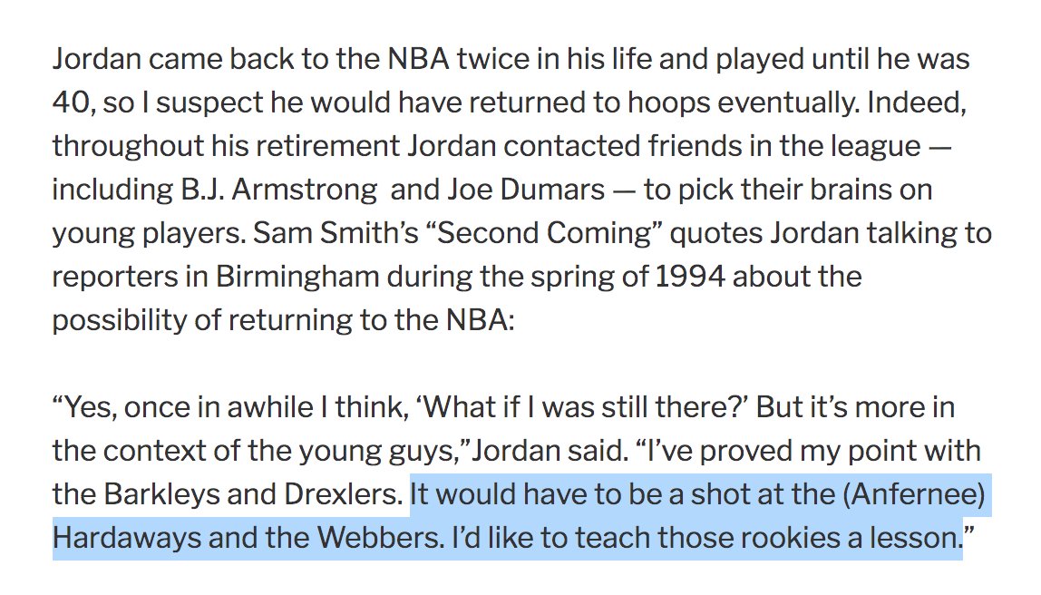 One basketball itch Jordan wanted to scratch while playing baseball was the opportunity to defeat a new generation of NBA stars. Penny was at the top of the list.From my 1996 Bulls book:  https://readjack.wordpress.com/2016/05/19/there-could-never-be-an-8-peat-no-jordan-suspension-why-michael-jordan-needed-baseball/