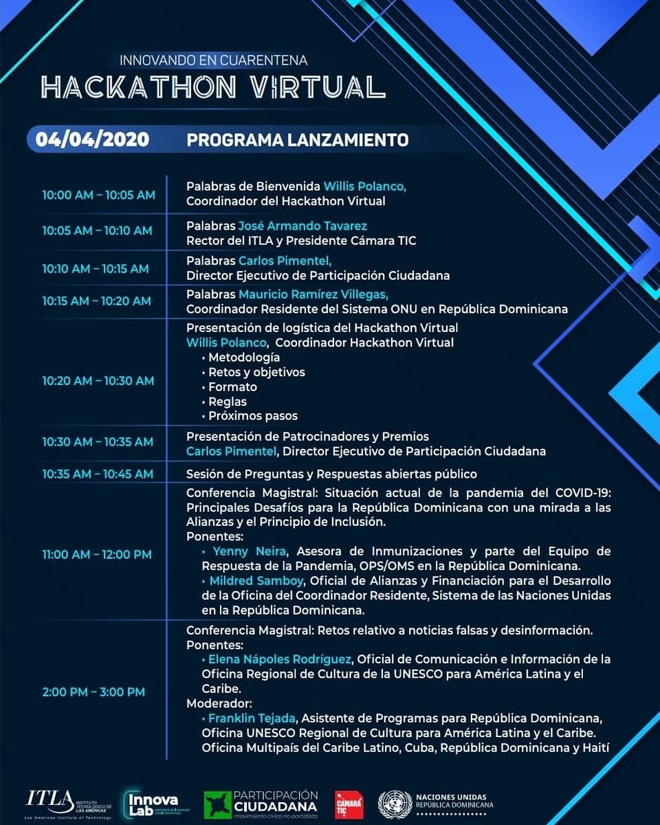 ONU_RD's tweet photo. Conferencias de expertos y expertas #ONU 🇺🇳como parte del programa del 1er #HackathonVirtualRD "#InnovandoenCuarentena", por el canal de YouTube de @ITLARD. Recuerda que iniciamos a las 10am
¡Te esperamos mañana!. Link de live: https://t.co/ouiZF8q2rV
#CoronavirusRD https://t.co/hpYTeAdVw6