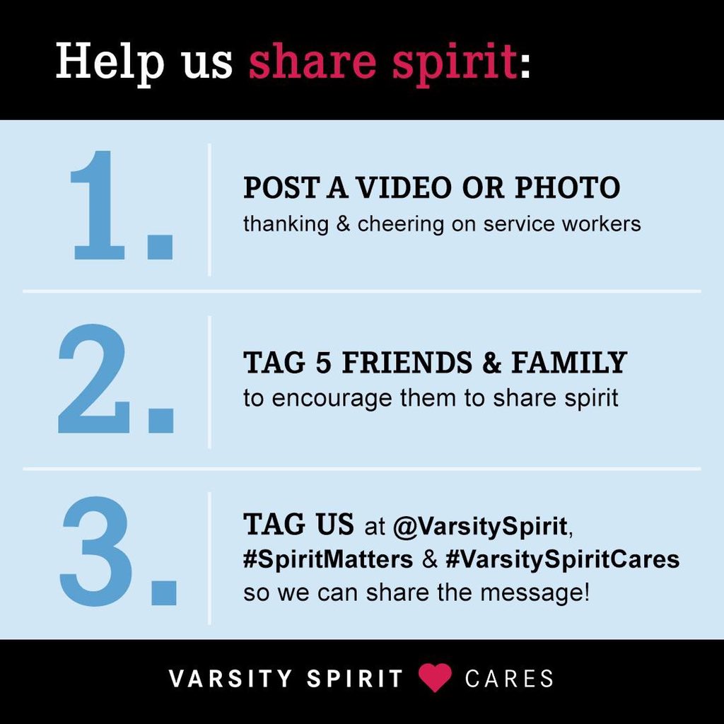 VSFJennifer's tweet photo. It's #FeelGoodFriday and we need 𝐘𝐎𝐔𝐑 help to share spirit to the heroes working the frontlines! Here's how you can help! 💕 #SpiritMatters #VarsitySpiritCares https://t.co/rGWUo4McAD