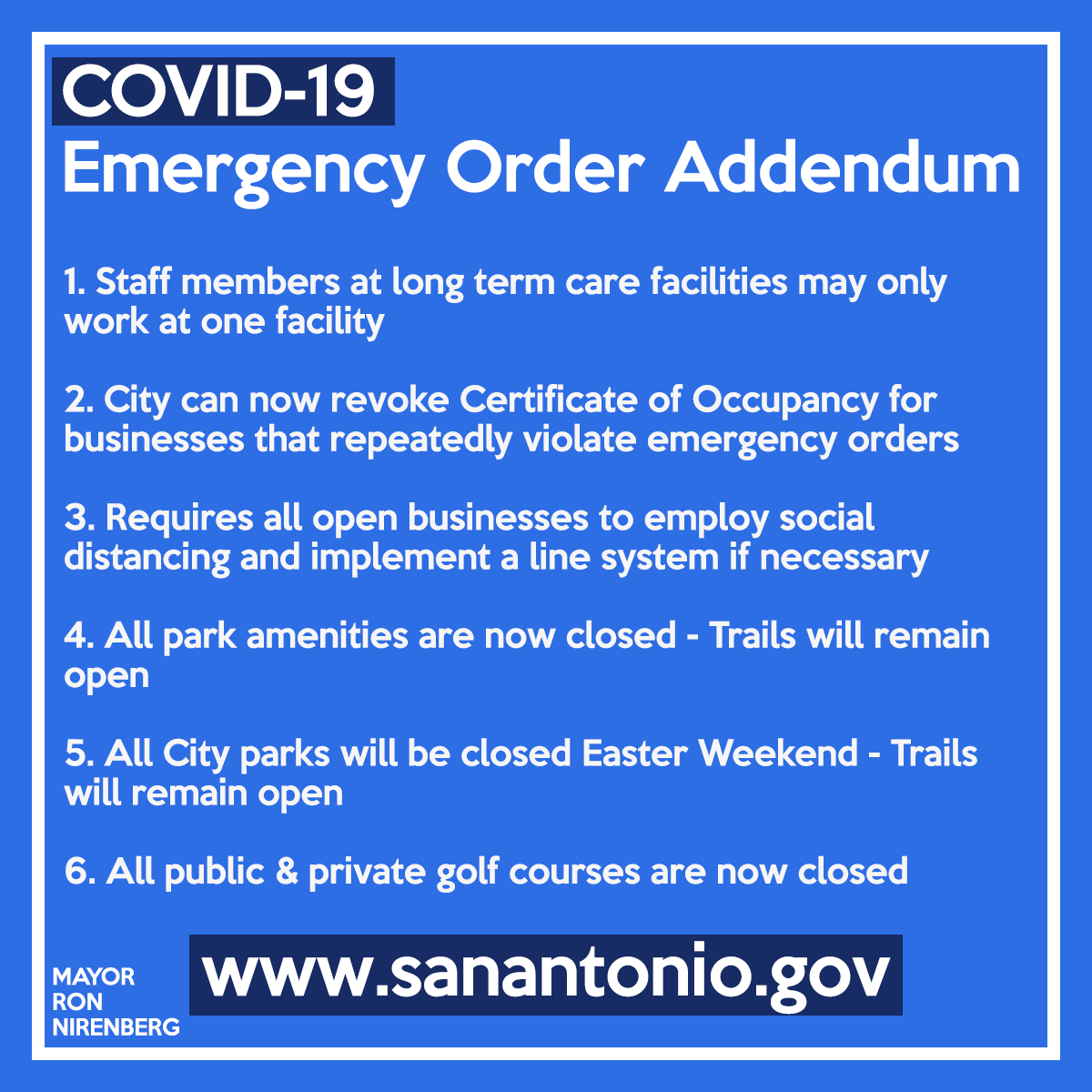 EMERGENCY ORDER ADDENDUM:Earlier today, I issued an addendum to the standing emergency order.Included: Long term care employees may only work at one facility. Golf courses are closed. City parks will be closed for Easter Weekend.Full text:  https://www.sanantonio.gov/Portals/0/Files/health/COVID19/Public%20Info/Fifth%20Declaration%20of%20Public%20Health%20Emergency%20Addendum.pdf?ver=2020-04-03-181435-5236/14