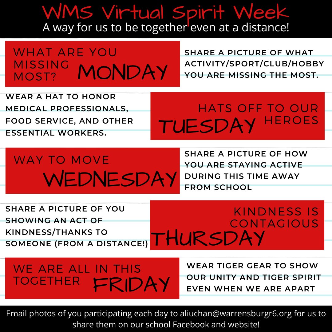 MrsSommerWMS's tweet photo. Excited to share in a virtual spirit week with our amazing students and staff next week! #TigersWMS #WMSLevelUp https://t.co/eIDZtqBcih