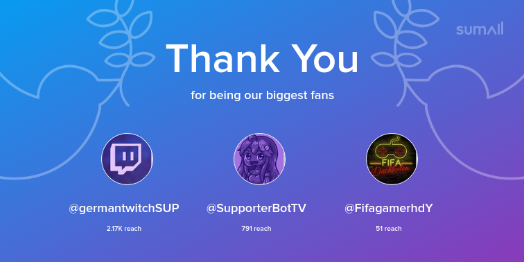 Our biggest fans this week: germantwitchSUP, SupporterBotTV, FifagamerhdY. Thank you! via sumall.com/thankyou?utm_s…