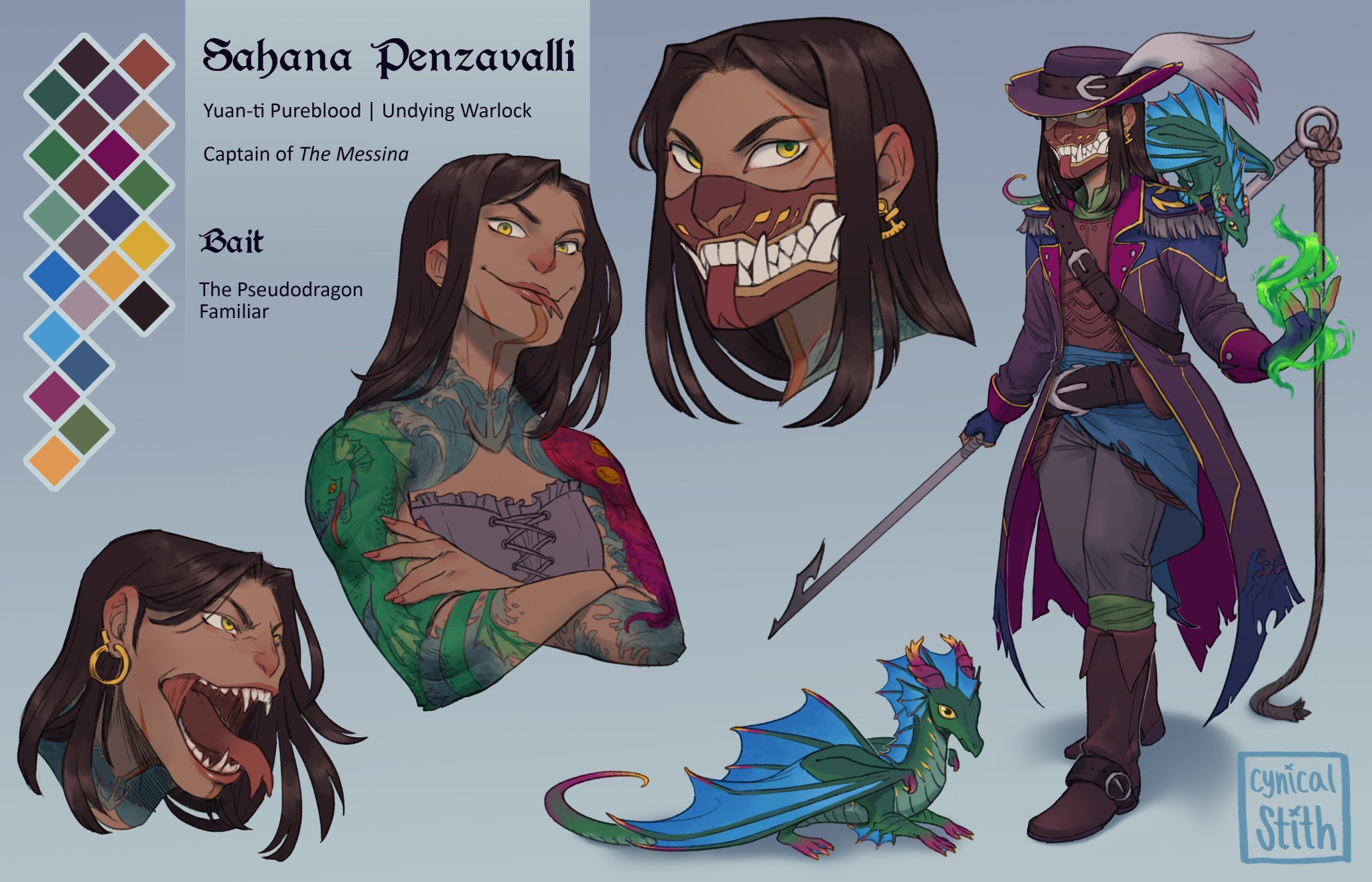 “A reference sheet commission of a Yuan-ti Pureblood warlock pirate captain...