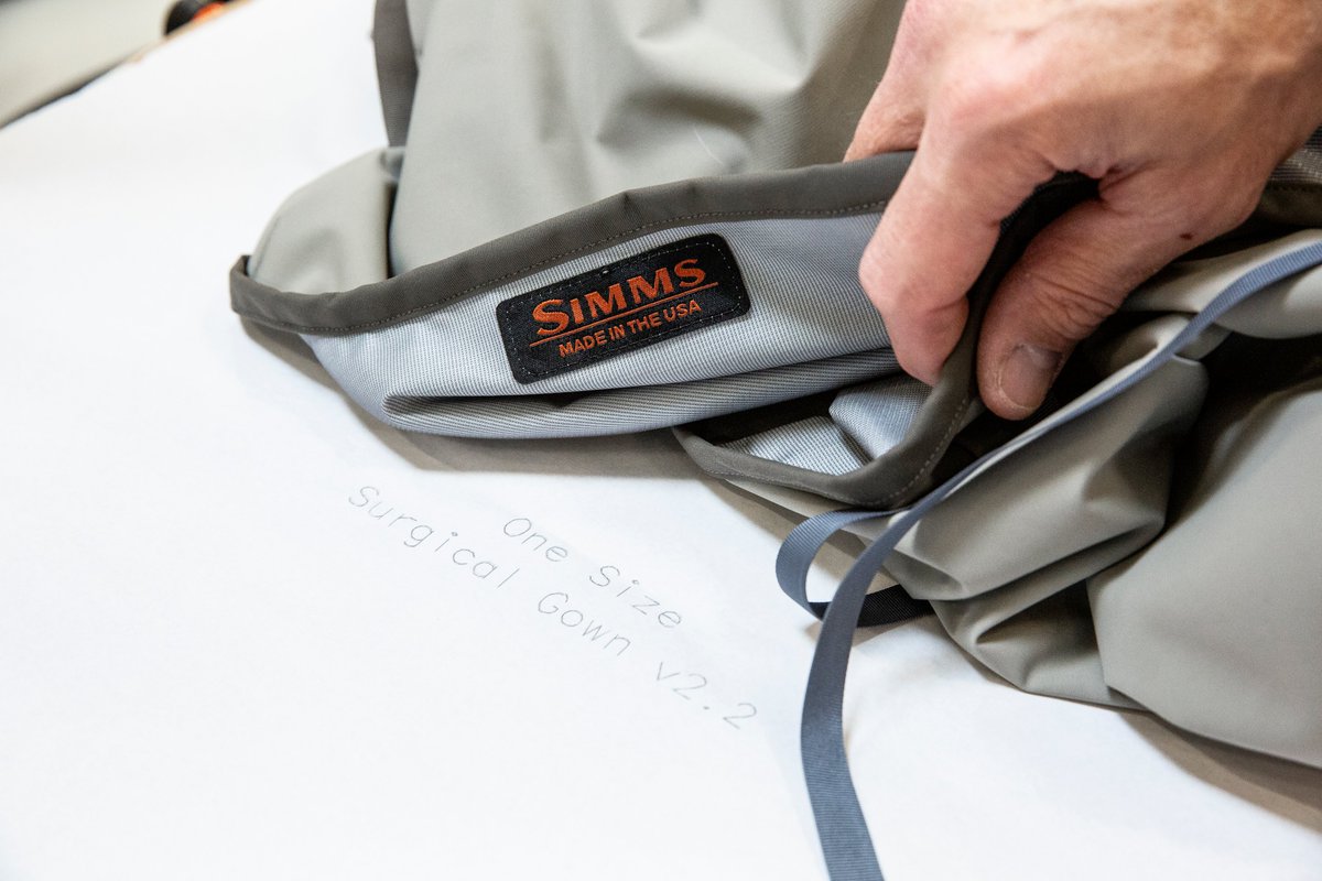 simmsfishing's tweet photo. On behalf of Simms, we are thrilled to join the fight against COVID-19 with Bozeman-made medical gowns. Thanks to all who are stepping up to help in this time of need. #FishOn #FishItWell #SimmsFishing https://t.co/UrmX5rwOzi
