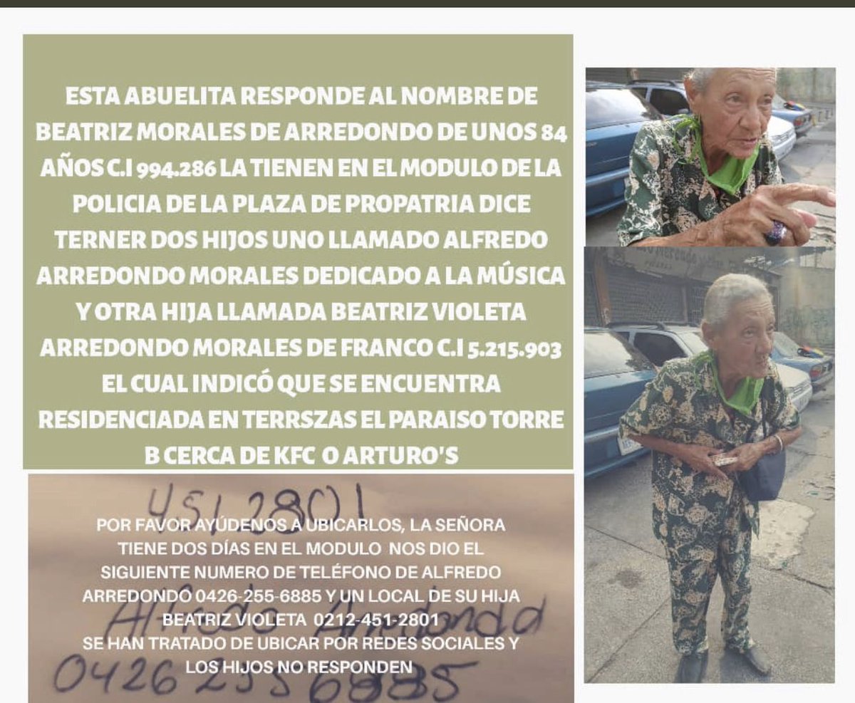 LuisOlavarrieta's tweet photo. Está abuela tiene dos días en el módulo de la policía en Propatria. Pregunta por sus hijos, se presume que tiene Alzheimer. 

Si alguien conoce información sobre sus hijos, se les agradecería  ubicarlos. https://t.co/Ou6UCbNMhy