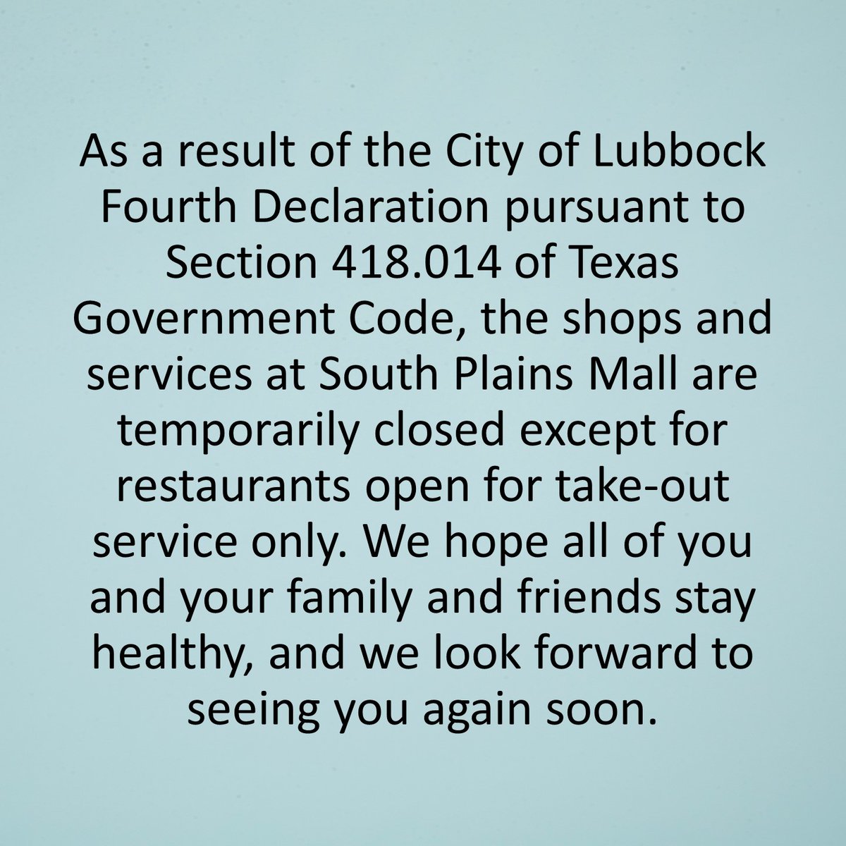 We hope all of you and your family and friends stay healthy, and we look forward to seeing you again. Visit our website for a list of essential retail and restaurants: bit.ly/2vQLvsq