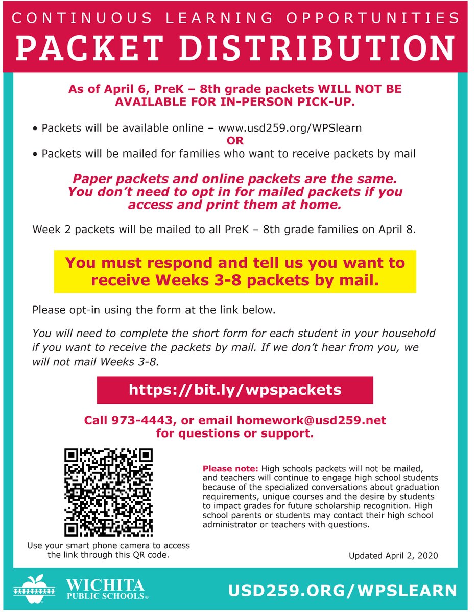 Parents of Pre-K to 8th graders: Week 2 packets for students will be mailed or available online. To receive the Week 3 packet &amp; beyond, you must OPT IN at bit.ly/wpspackets by 3 p.m. April 9. If you have already accessed the packets online, you do not need a print version.