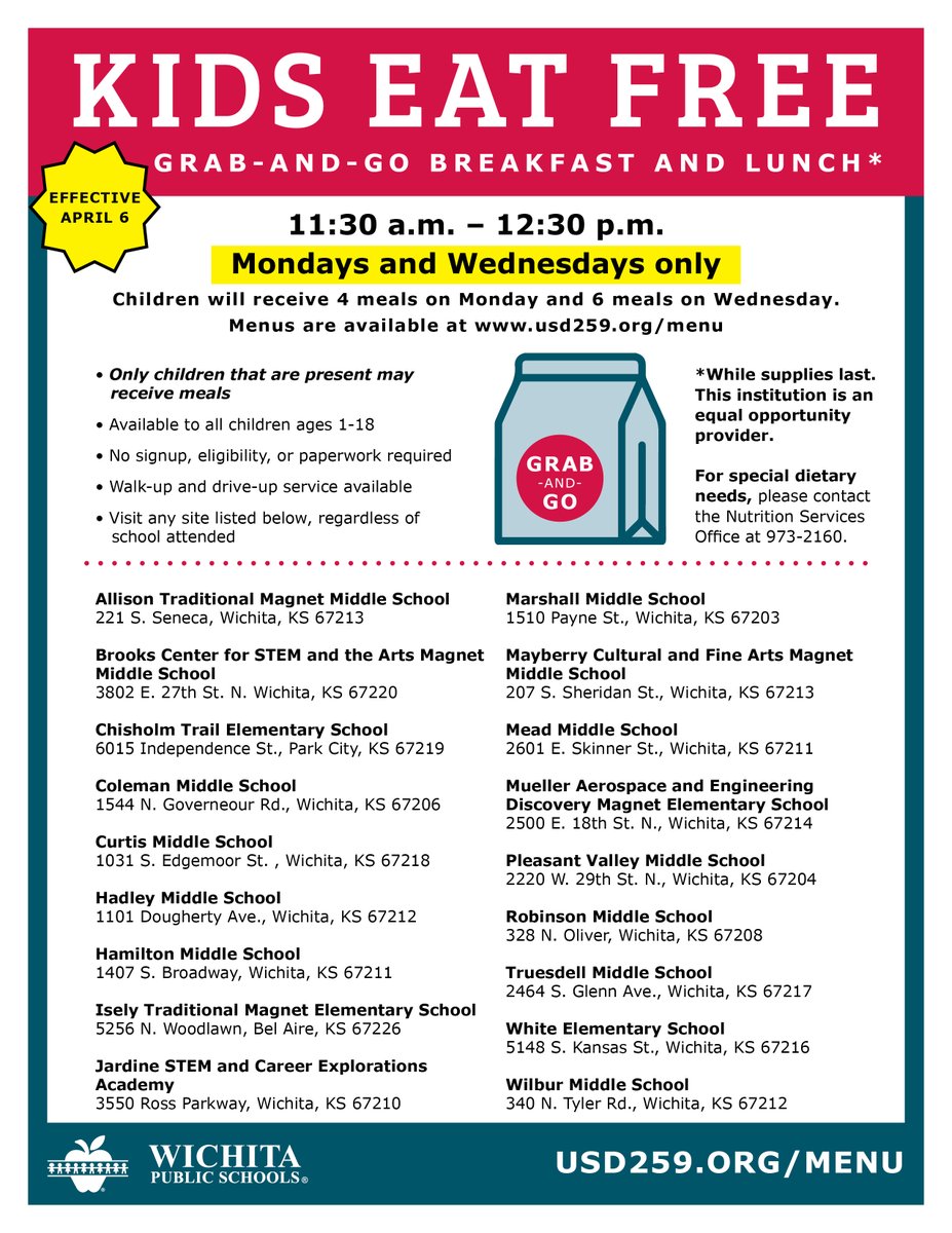 Starting Monday, April 6, we will begin serving free grab-and-go meals on Mondays and Wednesdays. On Mondays we'll distribute two breakfasts and lunches, and on Wednesdays we will distribute three breakfasts and three lunches.

To see a weekly menu, go to usd259.org/menu