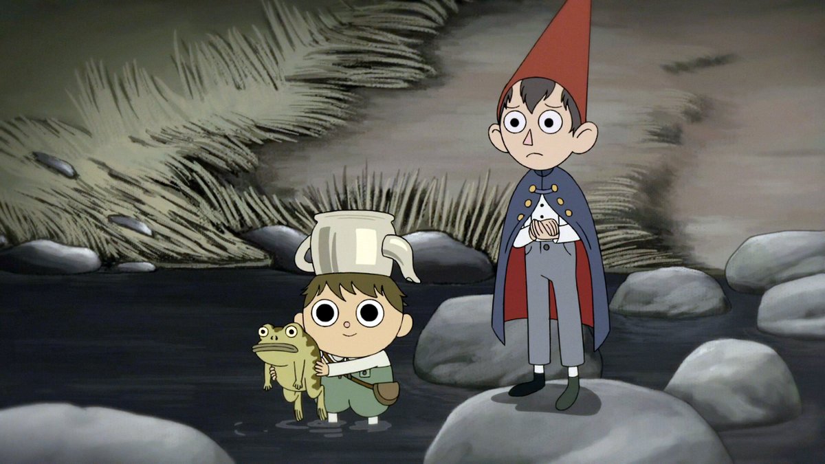 --over the garden wallthis is a show with dark and twisted storytelling about two step brothers who get lost in the woods. the animation and art style is breathtaking and so is the cinematography. it's just... an amazing little series