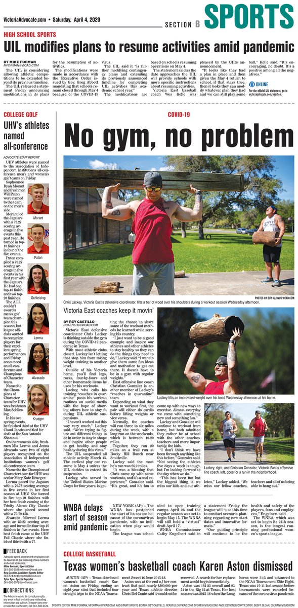 Saturday's <a href="/advosports/">AdvoSports</a> front for <a href="/Vicadvocate/">Victoria Advocate</a> <a href="/APSE_sportmedia/">APSE</a>