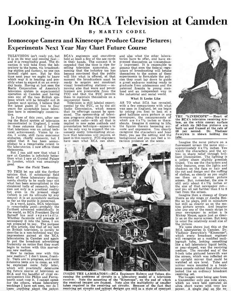 RCA was a major record label, but also committed to investing in consumer entertainment technology. In this 1935 article, the company boasted about its promising R&D work in television. Today record labels spend zero dollars on tech & are thus at the mercy of Apple, Google, etc.