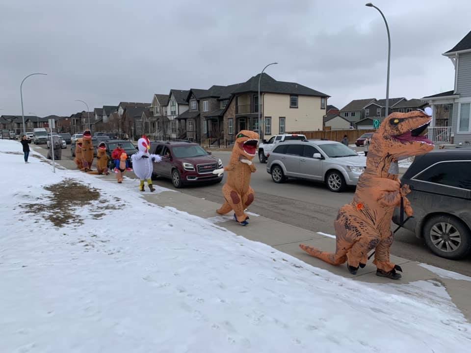 CPSSgtMartin's tweet photo. Holy smokes! Look what Cranston got up to today! A physical distance appropriate Dino Walk! Talk about community spirit! Thanks Genevieve for these awesome photos of this fantastic display of community spirit! #yyc #yyccares https://t.co/1t8gyubAla