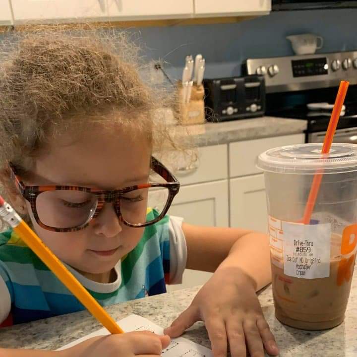 PreKShaffer's tweet photo. This student drinks her mocha swirl iced coffee to stay fueled for her homework! #educatinghornets https://t.co/0jyg583msG