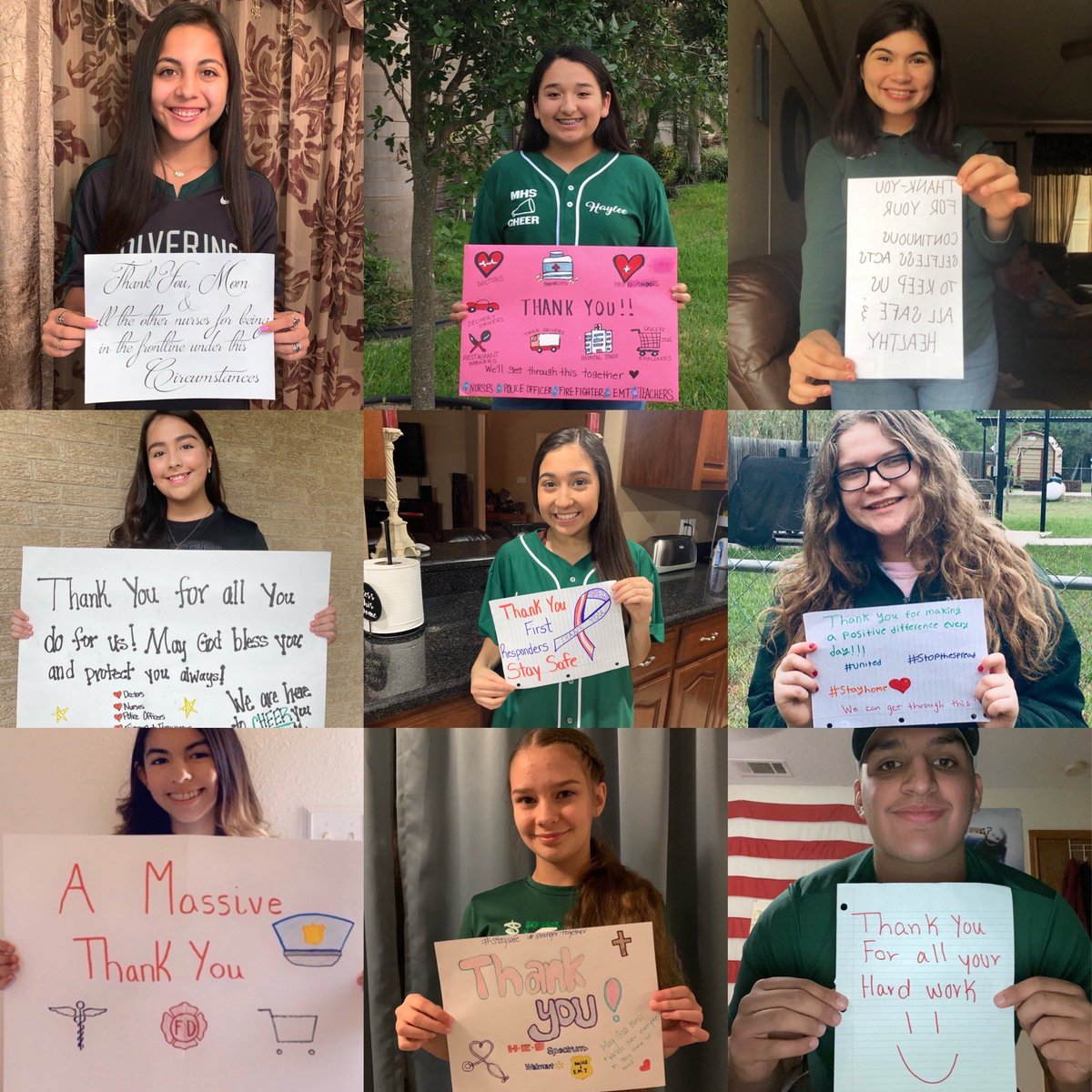 2020Psja's tweet photo. @VarsityAllStar PSJA Wolverines Cheerleaders come together to thank our first responders! #SpiritMatters #VarsitySpiritCares https://t.co/Yhcpz7DTnB