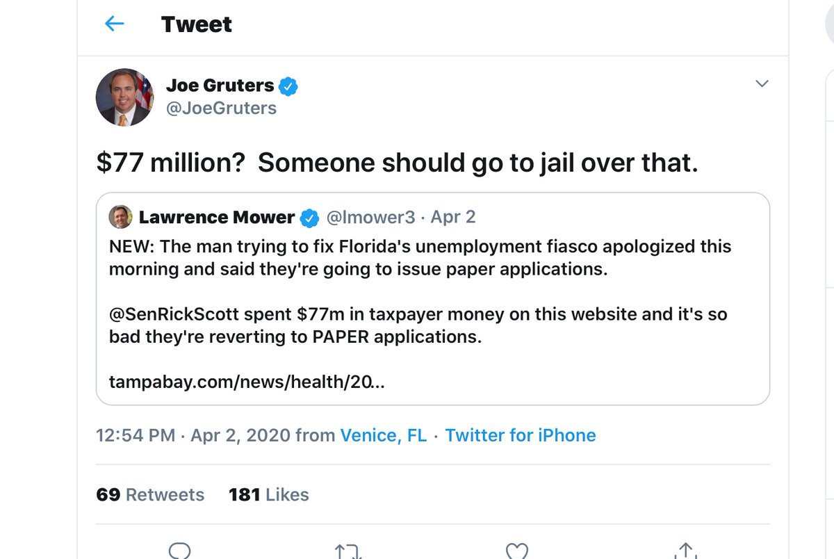 Says the SOB that made filing for unemployment claims beyond complicated Bro - sit this one out because that’s the CHAIR of the Florida GOP screaming at you &  #deSATAN https://twitter.com/SenRickScott/status/1246213601624502274?s=20