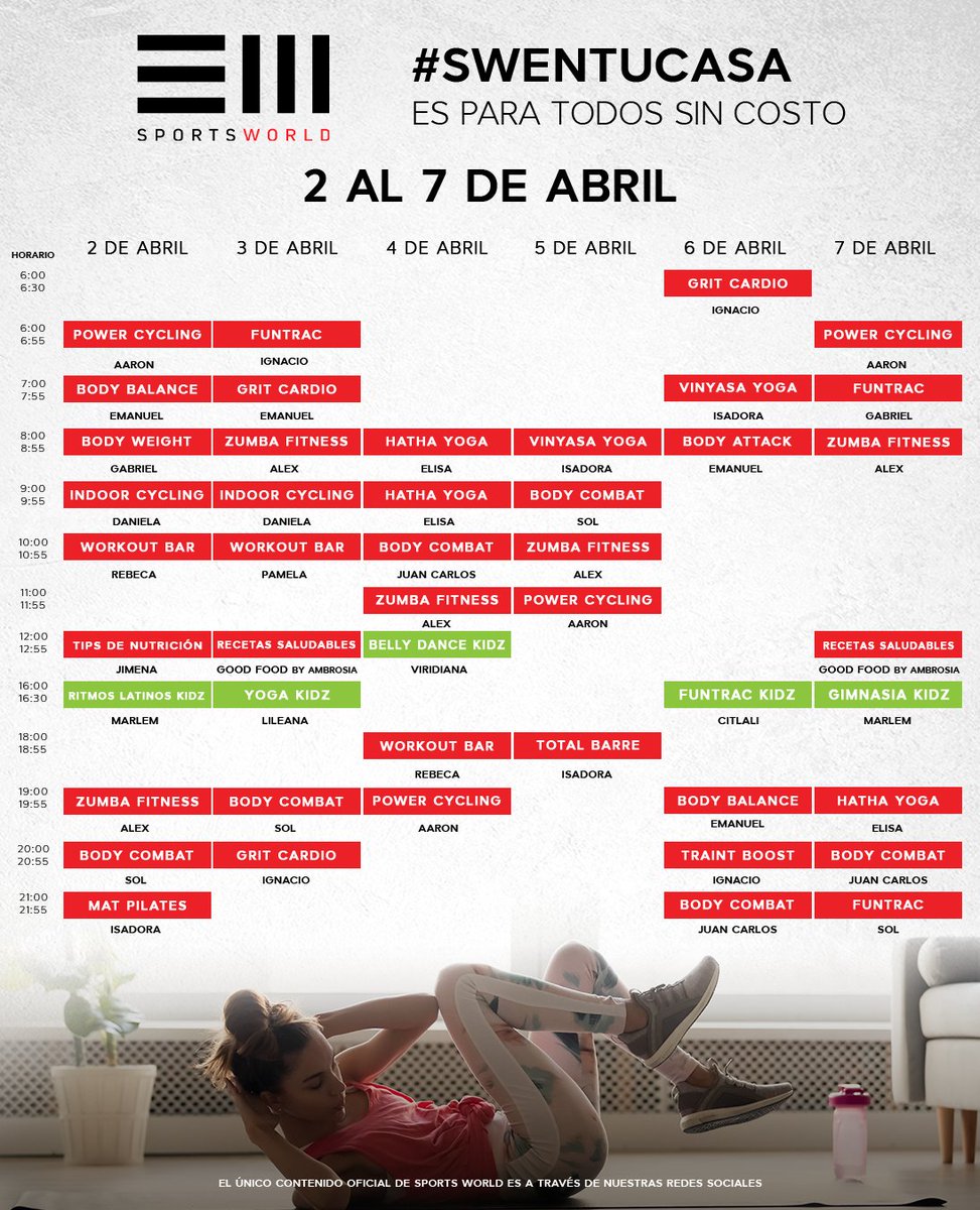 fmdiabetes's tweet photo. Entrena desde casa 🏡 guiado por los coaches de Sports World. Te compartimos los horarios de las clases de los próximos días. Se impartirán por Facebook Live en la página de @SportsWorldMex ¡No hay pretextos! #QuédateEnCasa #SWEnTuCasa #SWLive https://t.co/oojDxgzEm5