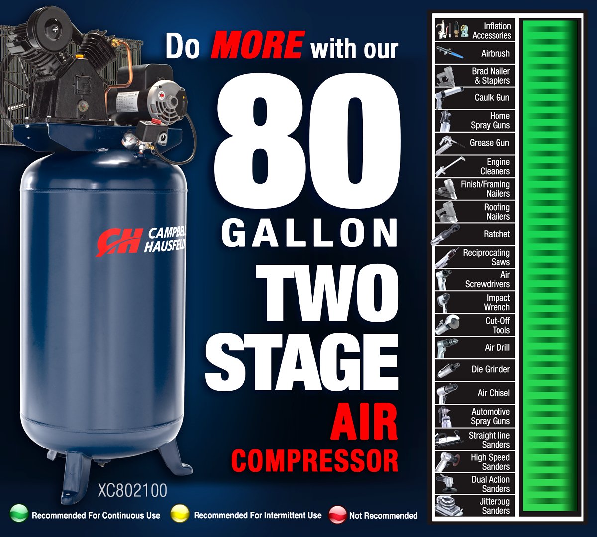 Do #MORE with our 80 Gallon 2 stage air compressor! Able to tackle any job you put your mind to, this compressor will dominate any task. To learn more check out campbellhausfeld.com