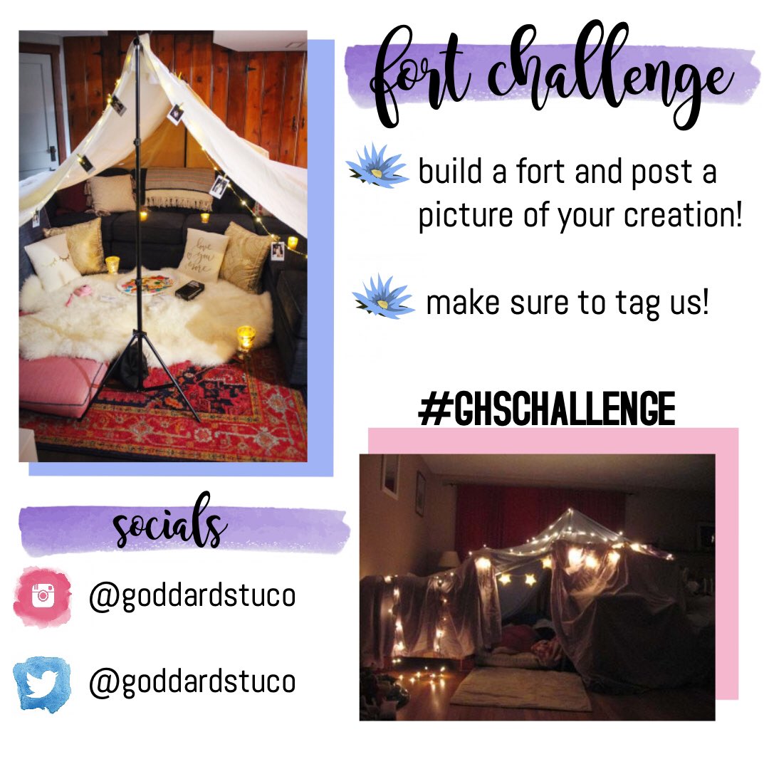 CHALLENGE WEEK 2!! 
————————————
Monday, April 6th to Friday, April 10th
————————————
BUILD A FORT! Remember, you can enter on either twitter or instagram! Make sure to use #GHSCHALLENGE and tag us! Can’t wait to see all the creative forts ;)