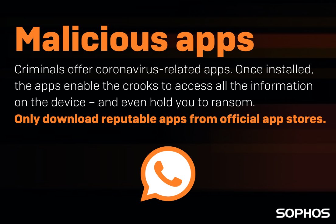 Sophos's tweet photo. To add insult to injury, cybercriminals are pumping out coronavirus-themed scams. Here are the most common ones we're seeing... Share with your coworkers, family and friends! 

Read more: https://t.co/qG8lIh1sg3 https://t.co/GqY5iaknGP