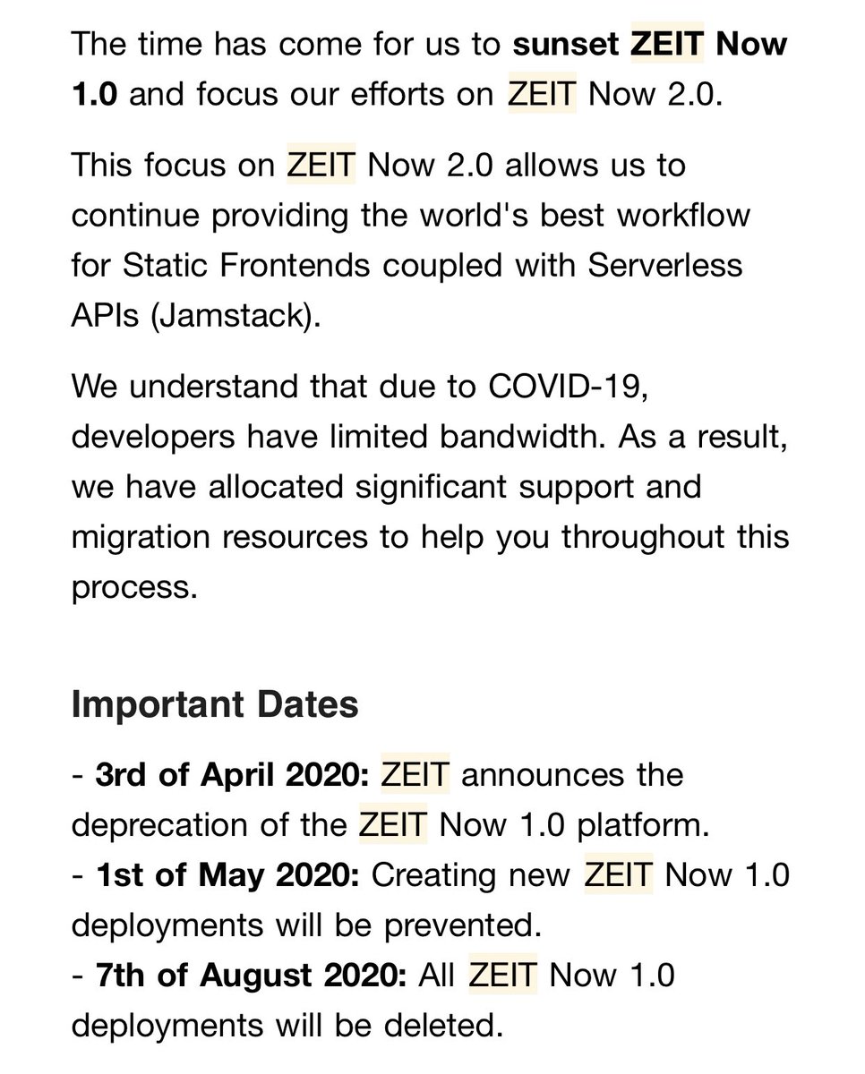 Sad to say this day is finally here -  @zeithq announced the shutdown date for Zeit Now v1.0, still the best hosting platform I've ever used