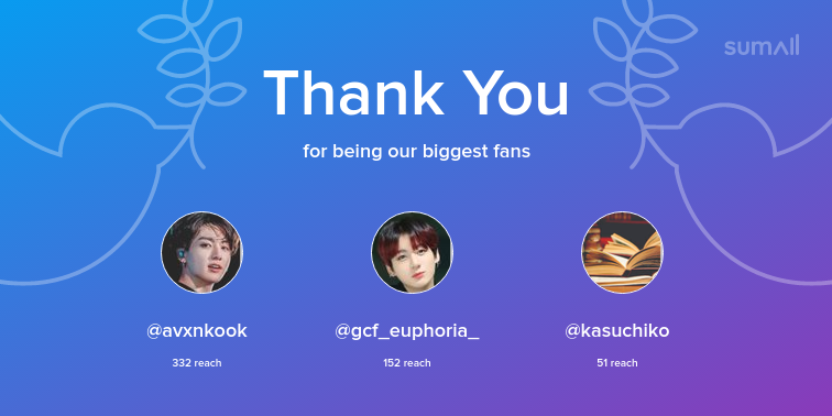 yoongiftedz's tweet photo. Our biggest fans this week: avxnkook, gcf_euphoria_, kasuchiko. Thank you! via https://t.co/4gghIW7IJH https://t.co/qQ0IFW0N6M