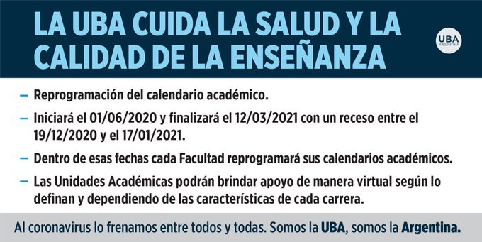 C5N's tweet photo. ⭕ LA UBA REPROGRAMÓ EL CALENDARIO ACADÉMICO

La Universidad de Buenos Aires informó que el calendario académico comenzará el 1° de junio de 2020 y finalizará el 12 de marzo de 2021, con un receso entre el 19 de diciembre de 2020 y el 17 de enero de 2021 https://t.co/UhCKn2BmGy