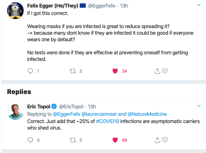 BUT! It's worth keeping in mind (especially in everyday use and with non-sterile ones) that masks may not work to protect you, but rather to protect others from you and your viral shedding - especially if you're an asymptomatic carrier. https://twitter.com/EggerFelix/status/1246057605409189893?s=2