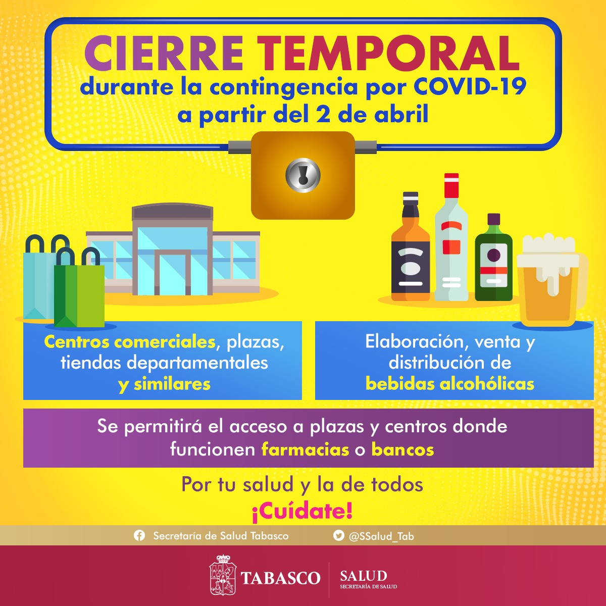 Gobdetabasco's tweet photo. Por tu salud y la de todos, se emitió un Decreto Oficial que considera el cierre temporal de los siguientes  establecimientos. Con tu ayuda y apoyo quedándote en casa, evitaremos los contagios y saldremos adelante #Quedatéencasa https://t.co/oG6dzLesGd