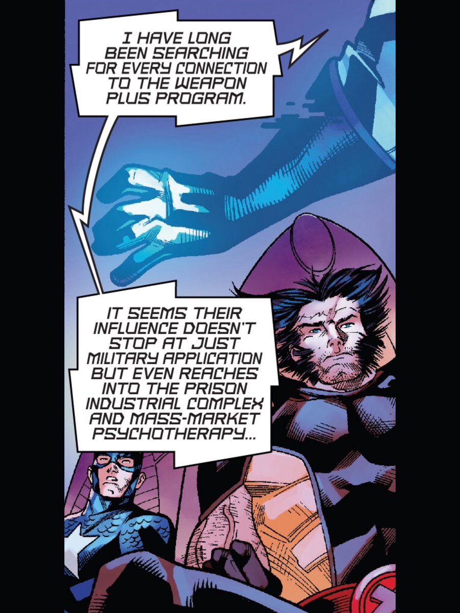 3vry1lvsgdstry's tweet photo. Where my dawgs at? Who is #Fantomex referring to when he says, “Mass Market Psychotherapy”? He was obviously referring to #CaptainAmerica and #Wolverine with “Military Application”, and #LukeCage with “Prison Industrial Complex”. (Just making sure I understand #WeaponPlusProgram) https://t.co/x5fi9zHmp9