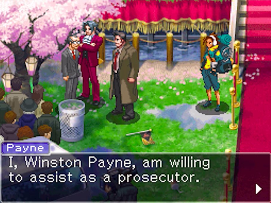 heck yeah winston payne representation!! refreshing to see him again. i wonder when we'll see him again in the series (if we will at all). i don't wanna have gaspen payne be the first prosecutor again :(