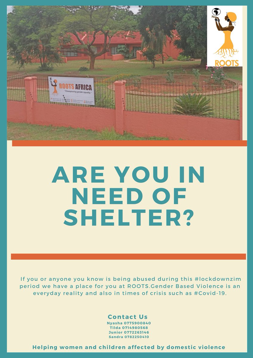 roots_africa's tweet photo. If you or anyone you know is being abused during this #lockdownzim period we have a place for you. A place to breathe, heal and explore your options
@UNICEFZIMBABWE @unwomenzw @UNFPA_Zimbabwe @GenderZimbabwe @SwedeninZW @PitchZimbabwe @Media4gbv @MoHCCZim
#safetynets
#Covid19 https://t.co/wO15jITPYi