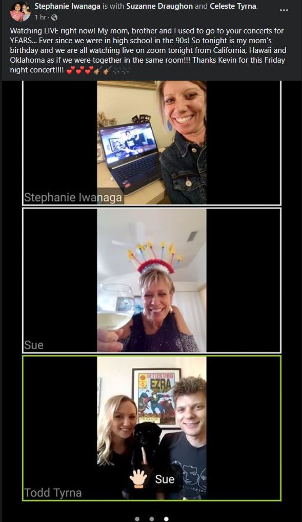 dctyrna's tweet photo. We've been attending BTE concerts since the 90's, but now are Zooming it live across 3 states on Mom's Birthday!!! Thank you @betterthanezra and @kevinmgriffin 🎸🤘🍷🎂 https://t.co/QvMEi1pv5w