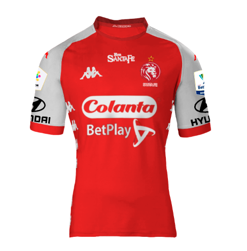juanchoserrano_'s tweet photo. Esta es la camiseta que hice de @SantaFe en el #RetoFantasy5 de @FutbolCoLab #RetoFantasy #FutbolCOLabs con el mockup que dejó @_santiagolazo
El escudo mantuve la pelota, el nombre del equipo, inserté al león y la estrella que simboliza el primer campeón. https://t.co/8vDxNdgpVw