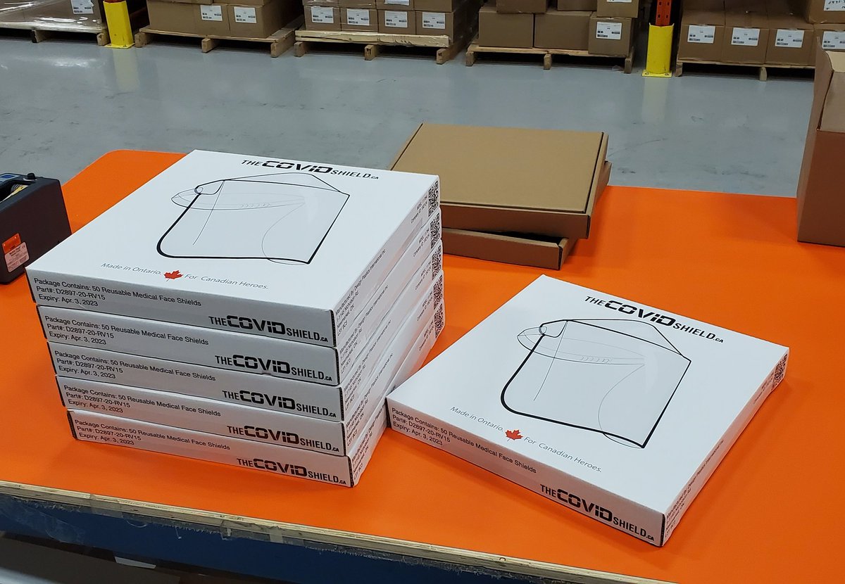 thecovidshield's tweet photo. The first 300 Covid Shields are packed up and on their way to Mount Sinai, Toronto General, and St. Mike's. #thecovidshield #stmikes #torontogeneral #mountsinai #protectourheroes #shield #ppe #ontario #canada🇨🇦 @fordnation @JustinTrudeau @healthcanada https://t.co/49Hmd2WZKa
