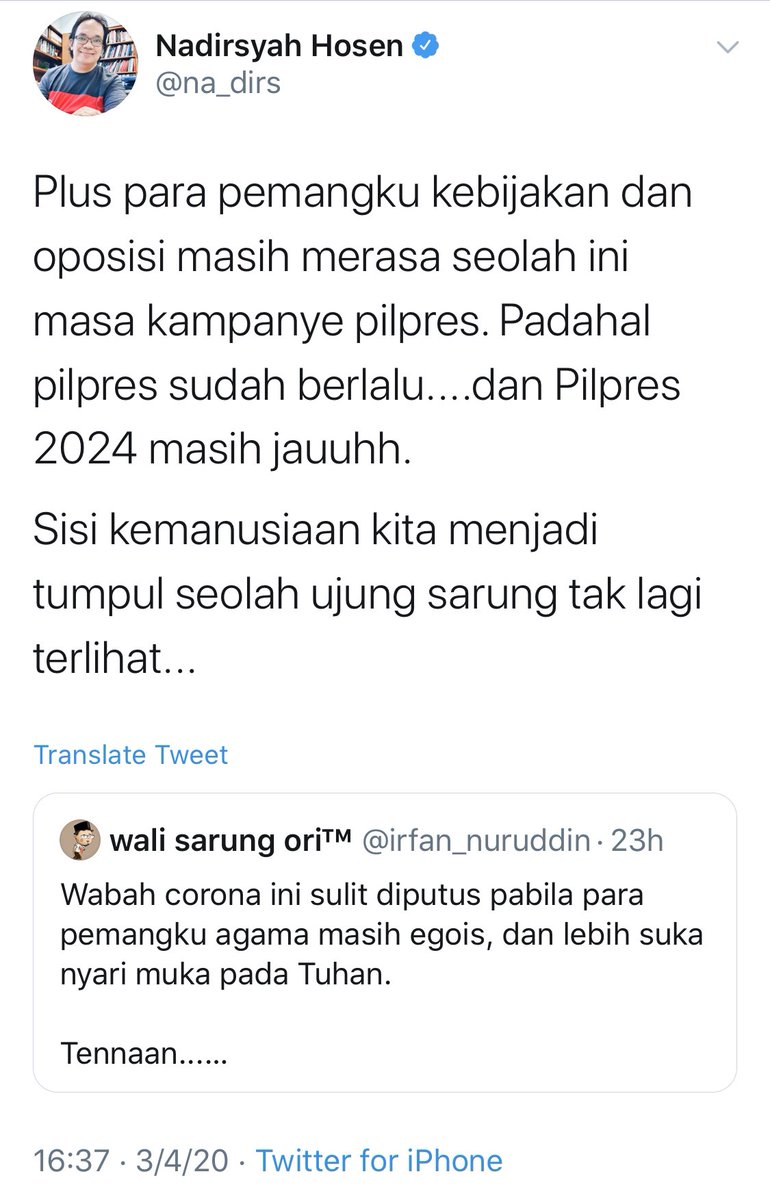 na_dirs's tweet photo. Ini media @suaradotcom keliru. Bukan saya yg bicara “Pemuka agama sibuk cari muka ke Tuhan”, tapi Gus @irfan_nuruddin Saya hanya mengomemtari cuitan beliau. Tolong dikoreksi yah 🙏 https://t.co/vgS6WgH6e2