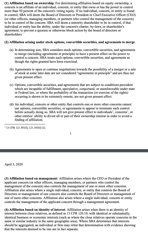 (c) Any other business or nonprofit: *The old affiliation rules still apply to you, unchanged.*That's what all this gobbledegook in the SBA press release really means. No change from the status quo pre- #CARESAct.Why does this matter...?5/