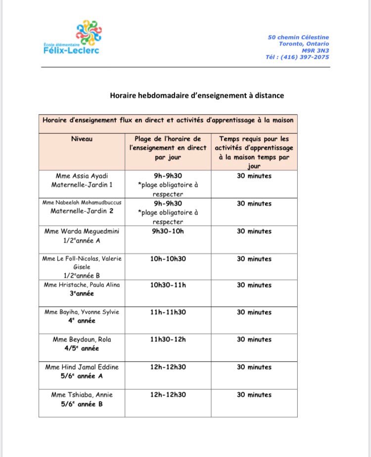 La phase 2 de la continuité des apprentissages commence lundi, 6 avril 2020, voici l’horaire: