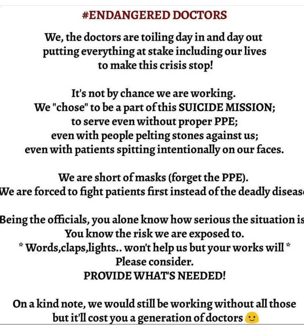 KodamKruthi's tweet photo. #DocsNeedGears
#Giveusppe
#coronavirus
#COVID2019
#SaveDoctorsToFightCorona
#savedoctors https://t.co/mmPrmVP3VY