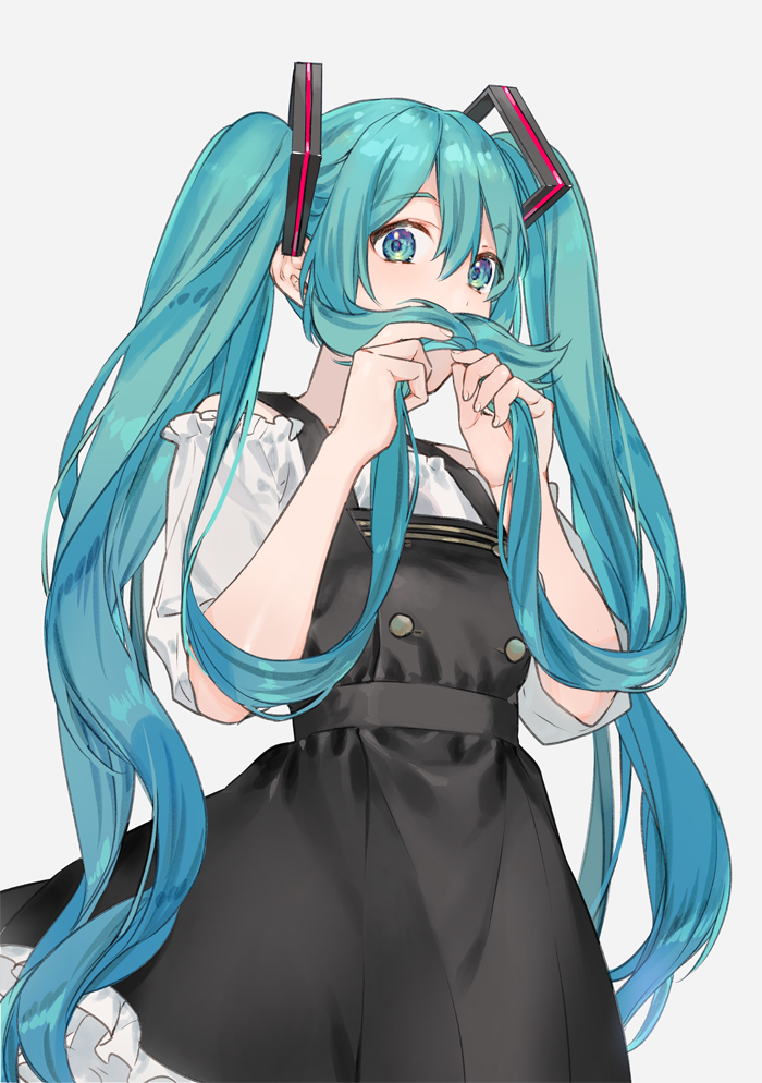 hatsune miku 1girl solo twintails holding hair long hair dress simple background  illustration images