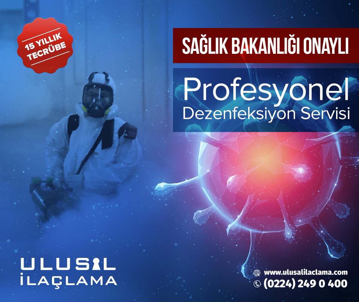 15 yıllık tecrübe ile Sağlık Bakanlığı onaylı profesyonel dezenfeksiyon hizmeti için bize ulaşın! ☎ 0224 249 0 400 🌐ulusalilaclama.com
.
#ulusalilaçlama #tecrübe #koronavirüs #dezenfeksiyon #dezenfekte #bursa #evdezenfeksiyon #ilaçlama #bursailaçlama #ev #evilaçlama