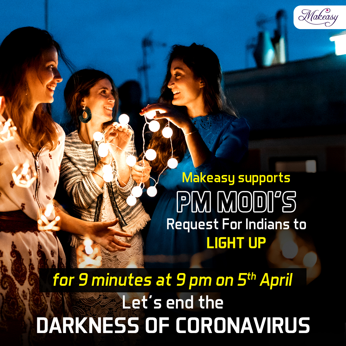 makeasyglobal's tweet photo. On April 5 at 9 pm, turn off all the lights, stand at the door of the house or balcony and light a candle, lamp, flashlight or a mobile flashlight for 9 minutes.

#narendramodi #Makeasy #modiji #april5 #Covid19 #india🇮🇳 #coronavirus #coronaoutbreak #corona #HealthAndHygiene https://t.co/0LUwcvKYsx